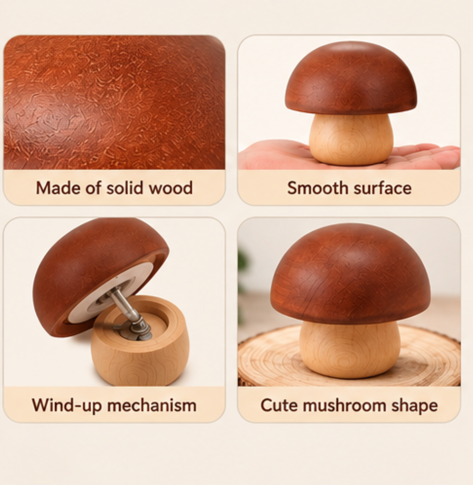 Wooden Mushroom Music Box – Rotating Wind-Up Keepsake | Choice of Melody