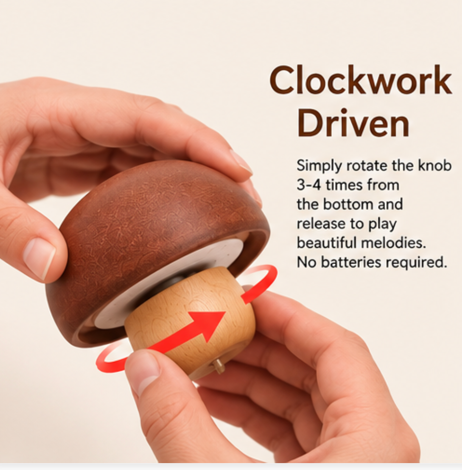 Wooden Mushroom Music Box – Rotating Wind-Up Keepsake | Choice of Melody