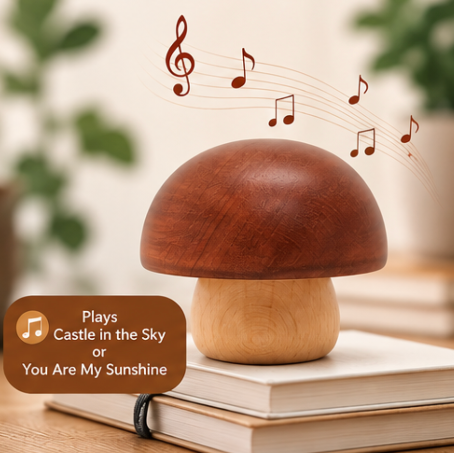 Wooden Mushroom Music Box – Rotating Wind-Up Keepsake | Choice of Melody